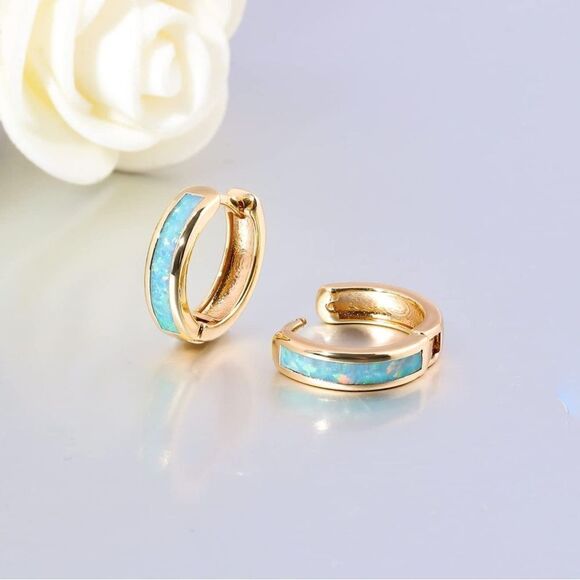 14K Yellow Gold with Genuine White Fire Opal Huggie Hoop Snap Hinge Earrings - Picture 3 of 5